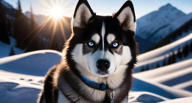 Siberian husky with blue eyes on blurred snowy landscape background at sunny day.Dog breeds concept.Generative AI
