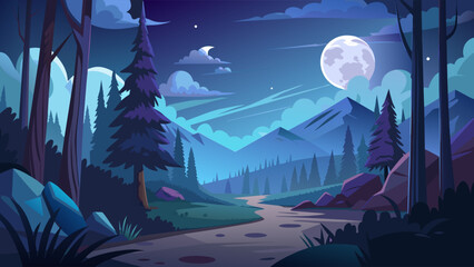 The path in the forest at night is illuminated by rays of moonlight. Cartoon vector background for fairy tale or game © Veronica