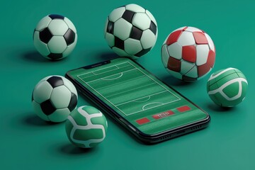 Smartphone with soccer ball on the screen. 3D illustration. Online Casino and Betting Concept with Copy Space. Gambling Concept.