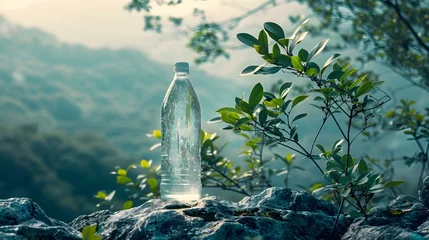 Fotobehang "Mineral Water Bottle on Nature Rock: Banner Design". Concept Nature, Rock, Mineral Water, Bottle, Banner Design © Anastasiia