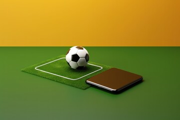 Smartphone with soccer ball on grass and yellow background. Online Casino and Betting Concept with Copy Space. Gambling Concept.