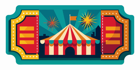 A ticket to the circus for a performance. A tent with a dome against a background of fireworks. Vector cartoon illustration