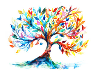 Watercolor illustration of a decorative fantasy tree with multicolored leaves on white background