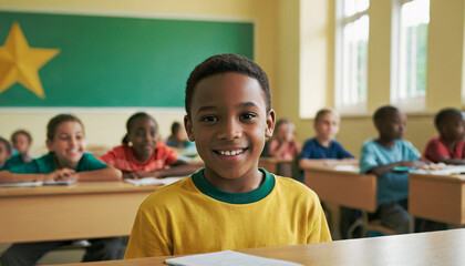 &ldquo;A young schoolboy, full of enthusiasm, sits at his desk in a vibrant classroom. His smile radiates the joy of learning. The classroom, filled with light and fellow students.