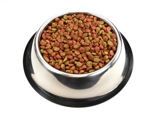 Dry Pet Food in a bowl isolated on white background. Dog or cat food isolated.