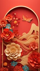 Chinese New Year Greeting card Zodiac Sign With Paper cut. Holiday Vertical Banner Concept. Red and Golden Element. Happy Chinese New Year
