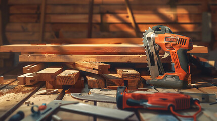 A pile of wooden planks, a saw, and a nail gun on a brown background.