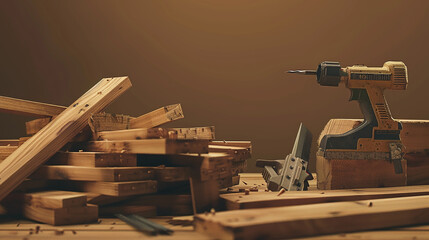 A pile of wooden planks, a saw, and a nail gun on a brown background. - obrazy, fototapety, plakaty
