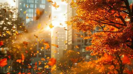 Autumnal Glow: Sunlit Forest Path Amidst Golden Leaves, Natures Splendor