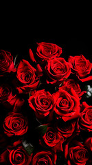 Bouquet of red roses on a black background, space for copy text. Beautiful flowers