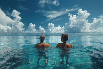 Asian old couple in love swim in tropical sea