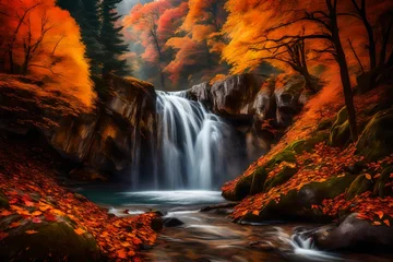 Keuken spatwand met foto waterfall in autumn generated by AI technology © soman