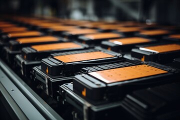Fototapeta na wymiar Array of Precision-Made Industrial Batteries on a Manufacturing Line