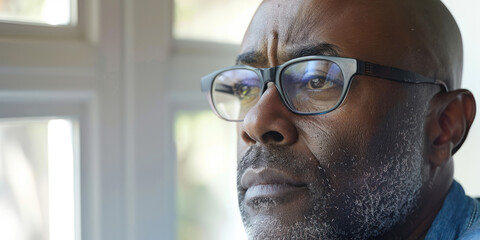Contemplative Man with Glasses Looking thoughtfully Through a Window. Home office. 