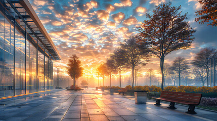 City Path: Evening Fog Embraces Beautiful Urban Park, Tranquil Setting for a Relaxing Stroll - obrazy, fototapety, plakaty
