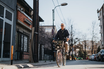 An active elderly man cycling confidently down a quiet residential road, basking in the warm glow of a sunny day.