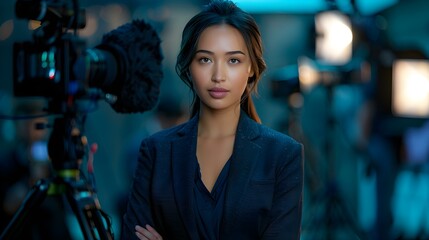 Fototapeta premium Female News Reporter Reporting Live on the Scene for Breaking News. Concept Benefits of Sustainable Living, Fun Activities for Kids, Outdoor Adventure Destinations, DIY Home Decor, Healthy Recipes