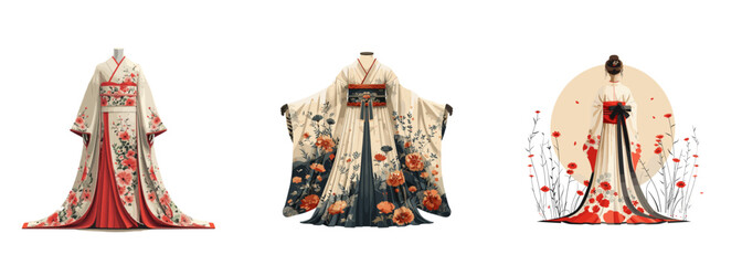 Kimono, traditional dress, Japanese culture clipart vector illustration set