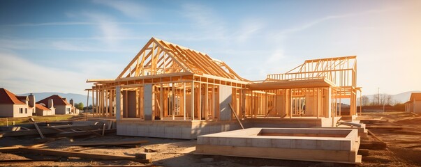 New house under construction with wooden framing in residential development area. Concept Home Construction, Residential Development, Wooden Framing, New House, Construction Industry