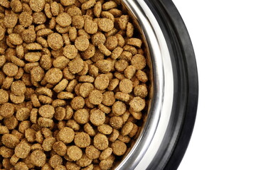Dry Pet Food in a bowl isolated on white background. Dog or cat food isolated.