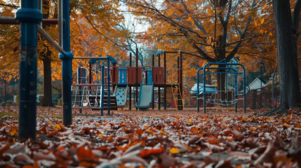 A Square Gym surrounded by autumn leaves, creating a picturesque scene of outdoor play during the fall season.