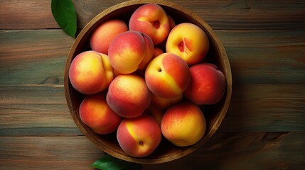 Ripe Peaches in Wooden Bowl