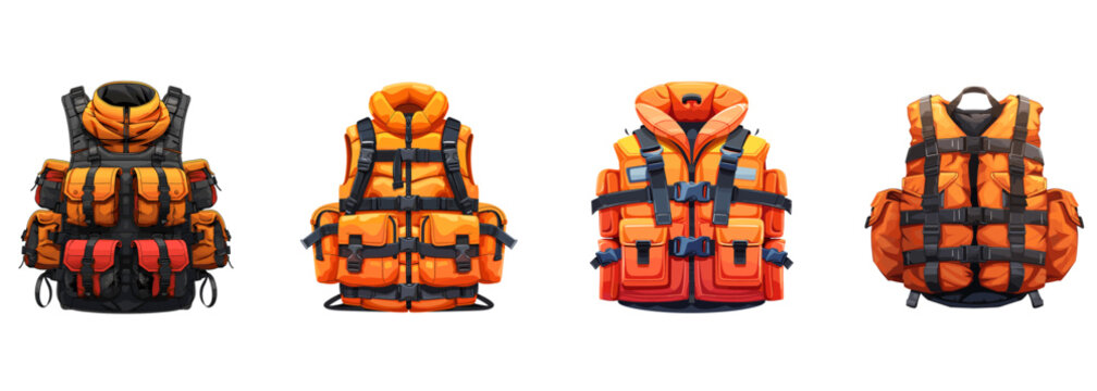 Life jacket, safety gear, flotation device clipart vector illustration set