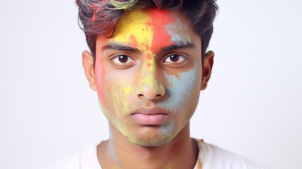 Portrait of a young indian man with face painted in colors