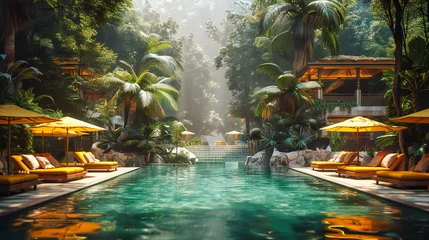 Fotobehang Turquoise Tranquility: Relaxing Poolside in a Luxury Resort, Surrounded by Natures Lush Greenery © NURA ALAM