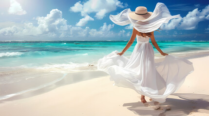 Elegant Woman in White Dress Strolling on Sunny Beach