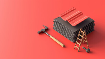 A stack of roofing tiles, a hammer, and a ladder on a red background.