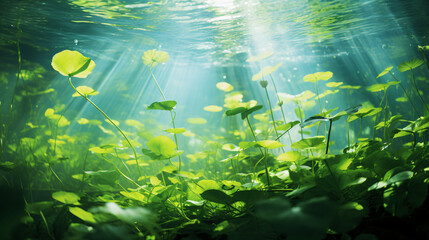 Sunlit Serenity Underwater Plants in a Pond green
