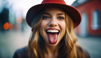 Mischievous Grin: Hat-Wearing Woman Teasingly Sticks Out Tongue - obrazy, fototapety, plakaty
