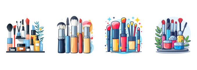 Makeup tools, beauty products, cosmetics clipart vector illustration set