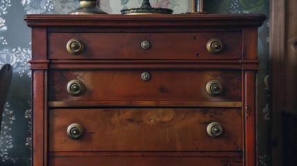 A stylish dresser with elegant brass knobs, adding a touch of sophistication to the furniture piece.