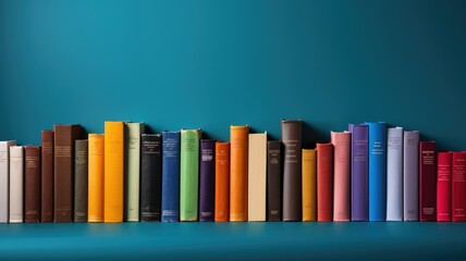 Colorful hardcover books standing on blue - Books in various colors standing upright on a blue surface, evoking feelings of orderliness and the joy of reading