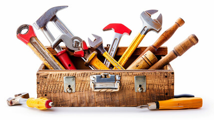 A toolbox with various tools spilling out, isolated on a white background.
