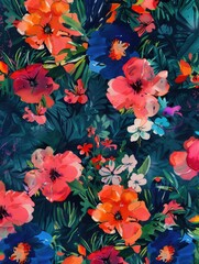 Colorful painted flowers on dark foliage - The image captures a lively composition of vivid watercolor flowers set against deep green foliage, conveying a fresh, dynamic feel