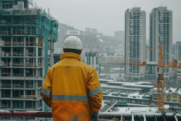 Construction worker overlooking urban site - A construction worker in a yellow jacket gazes upon a bustling urban construction site, cranes and high-rises in the background