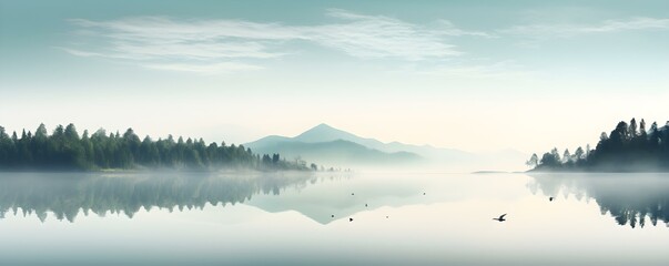 A peaceful landscape featuring a calm lake reflecting the surrounding nature. Concept Nature Photography, Lake Reflections, Peaceful Landscapes, Serene Scenes