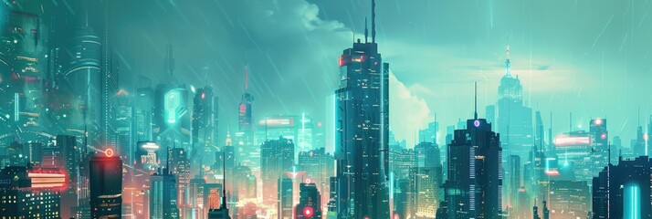Cyberpunk city skyline panorama at dusk - Panoramic cyberpunk cityscape with neon lights and futuristic architecture against a dusk sky