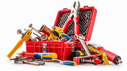 Fototapeta premium A toolbox with various tools spilling out, isolated on a white background.