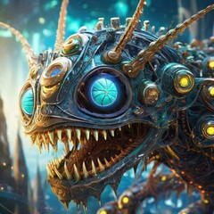 Wild monsters with many eyes and many teeth, biomechanical, cyberpunk pieces, steam punk mood, metallic fragments on the bodies, ai generative - 749520100