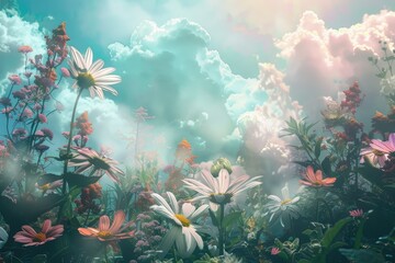 Obraz na płótnie Canvas Ethereal cloudscape with pastel flowers - A dreamy garden scene with soft clouds and gentle light penetrating vibrant flowers, invoking a serene atmosphere