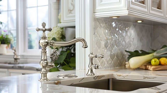 A vintage-style kitchen faucet with intricate details and a brushed nickel finish, adding elegance to any kitchen.