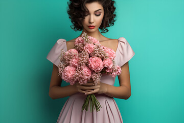 Woman with pink bouquet on blue background