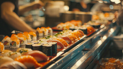 A sushi conveyor belt restaurant with plates of fresh sushi rotating diners