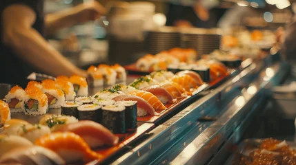 Fotobehang A sushi conveyor belt restaurant with plates of fresh sushi rotating diners © Ateeq