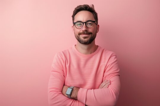 Young man in pink sweater and smart watch on pink background