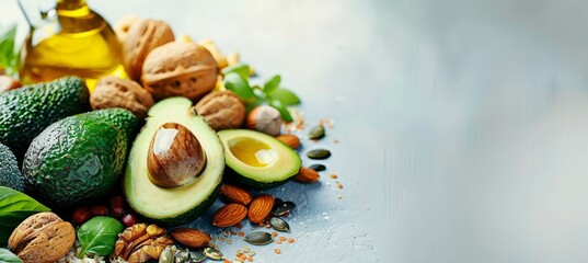 Assorted healthy fats with avocado, nuts, seeds, and olive oil on wooden background with copy space